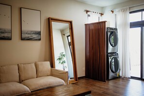 A living room with a sofa, a large mirror, and a washing machine.