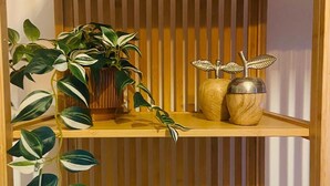 A wooden shelf unit with two levels, one holding a plant and decorative items, and the other with folded towels. - Servus Homes - Metro Stadthalle - SISSI (Wien)