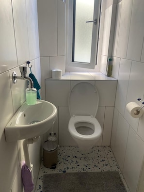 Ein kleines Badezimmer mit Toilette, Waschbecken und Fenster.