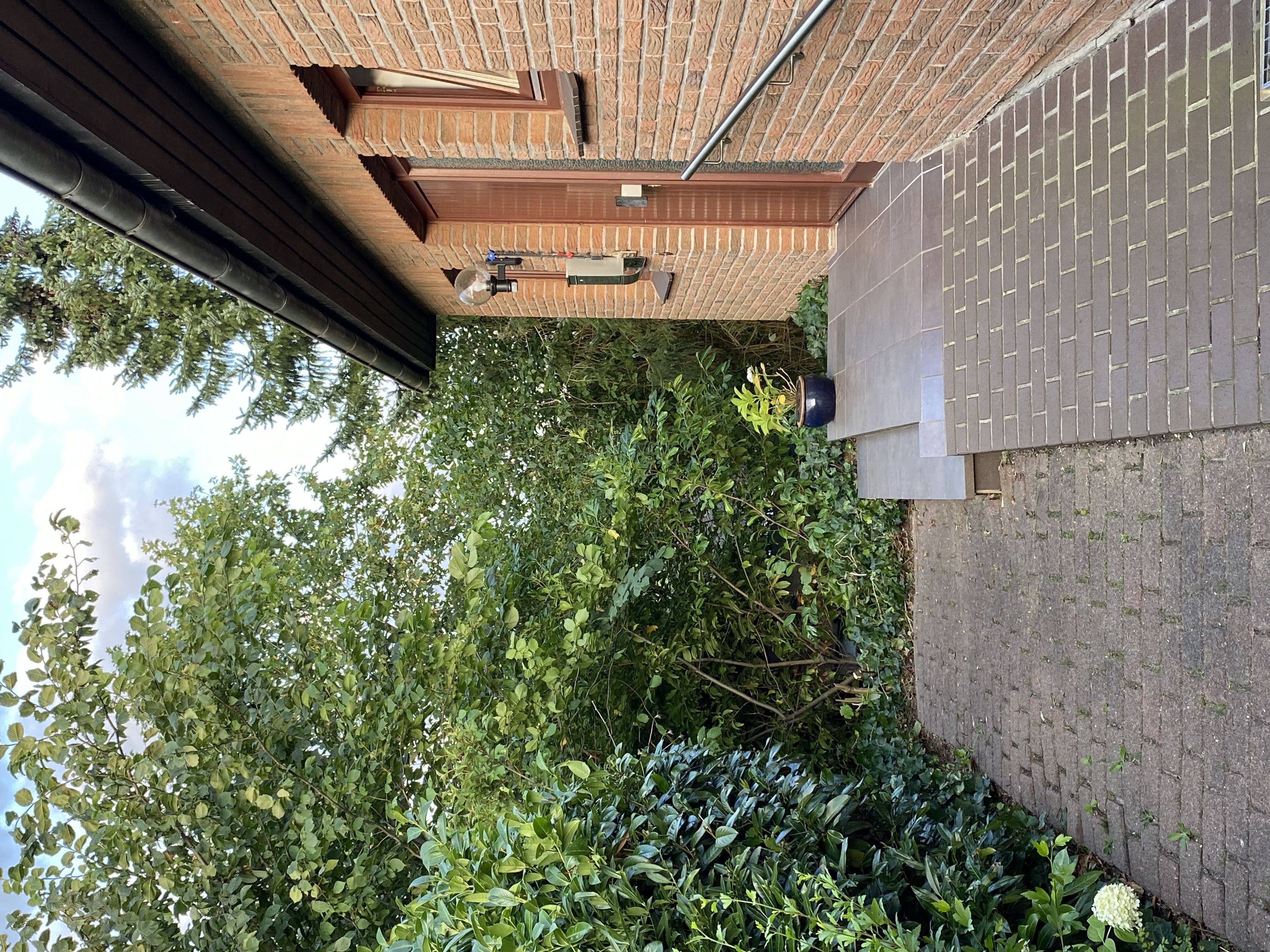 Eine Ziegelaußenwand mit Fenster und Tür.