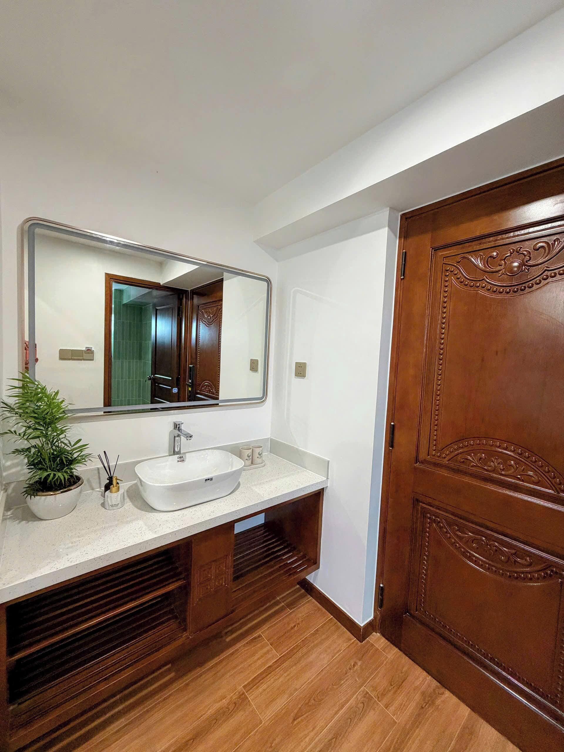A bathroom with a white sink, a large mirror, a wooden door, and a potted plant.