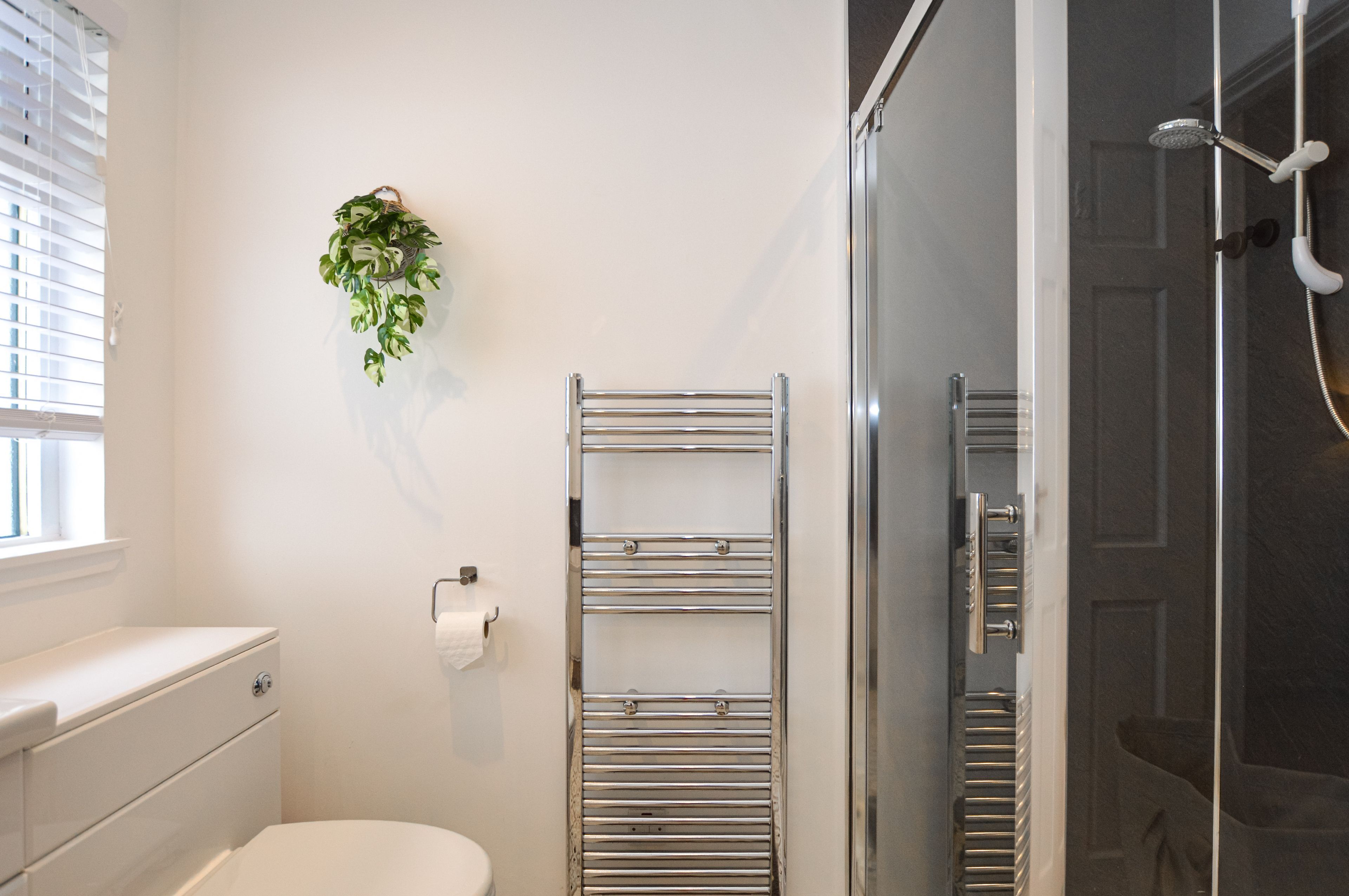 A bathroom with a toilet, a towel rack, a shower with a glass door, and a hanging plant.