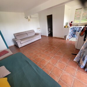 A living room with a sofa, a dining area with a table and chairs, and a kitchen with a sink and counter. - Sofaia Studio: Quiet, relaxing garden view, 2 km from the sulfur baths of Sofaia (Sainte-Rose)