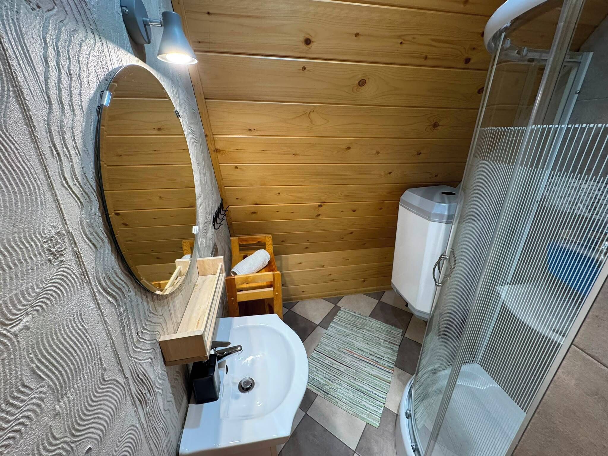 A bathroom with a wooden wall, a sink, a mirror, a shower enclosure, and a toilet.