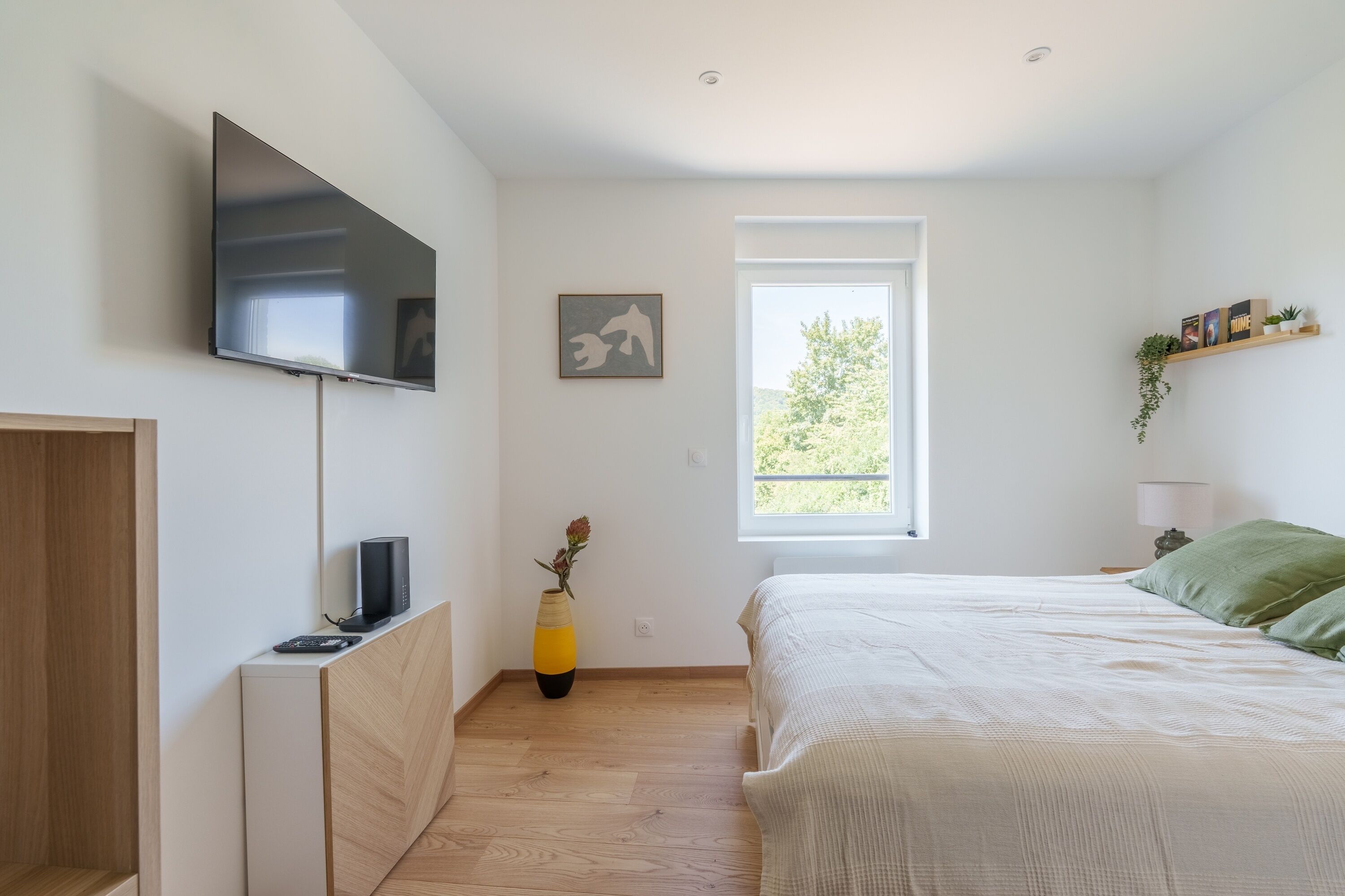 A bedroom with a bed, a TV mounted on the wall, a window, and a shelf with books and a plant.
