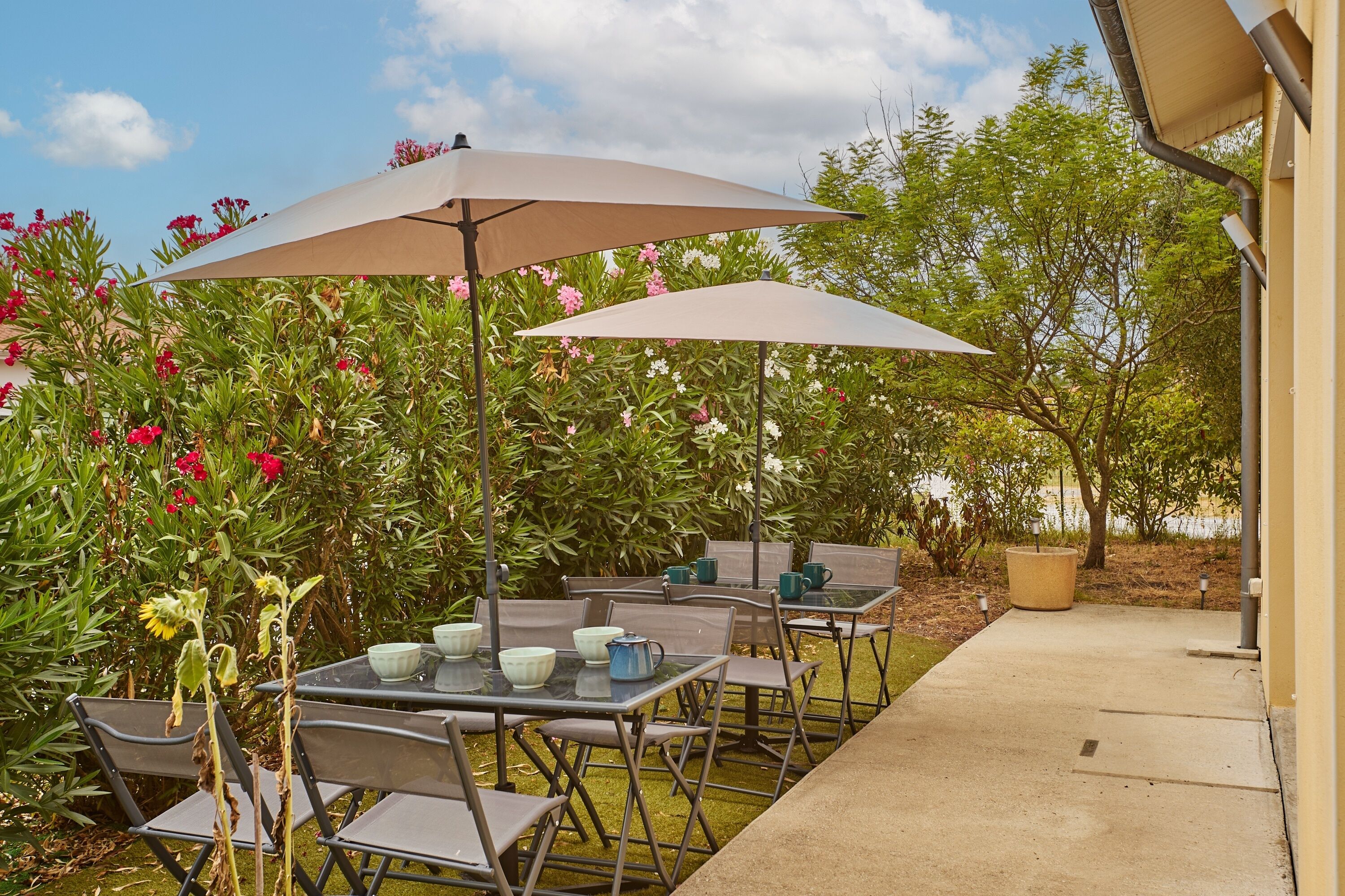 An outdoor patio with tables and chairs, surrounded by lush greenery and flowering plants.
