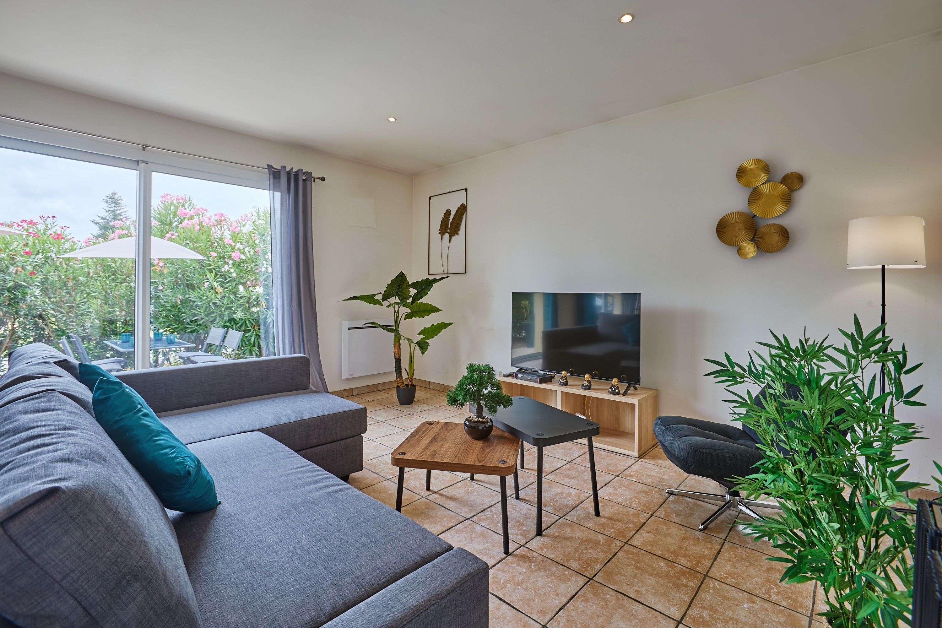 A modern living room with a grey sofa, a coffee table, a TV, and a potted plant.