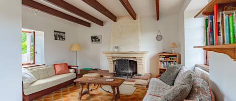 Un salon chaleureux avec une cheminée, un canapé, une table basse et une bibliothèque.