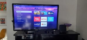 Ein Fernseher zeigt eine Roku-Oberfläche mit verschiedenen Streaming-Apps.