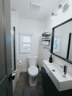 A compact bathroom with a toilet, a sink, a mirror, and a window. - Beautiful modern 2Bdr sunny home with French decor (Hamilton)