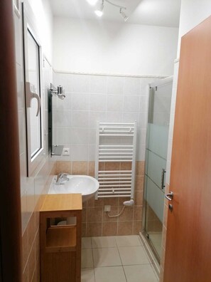 Un baño con lavamanos, espejo, toallero y cabina de ducha con mampara de vidrio.