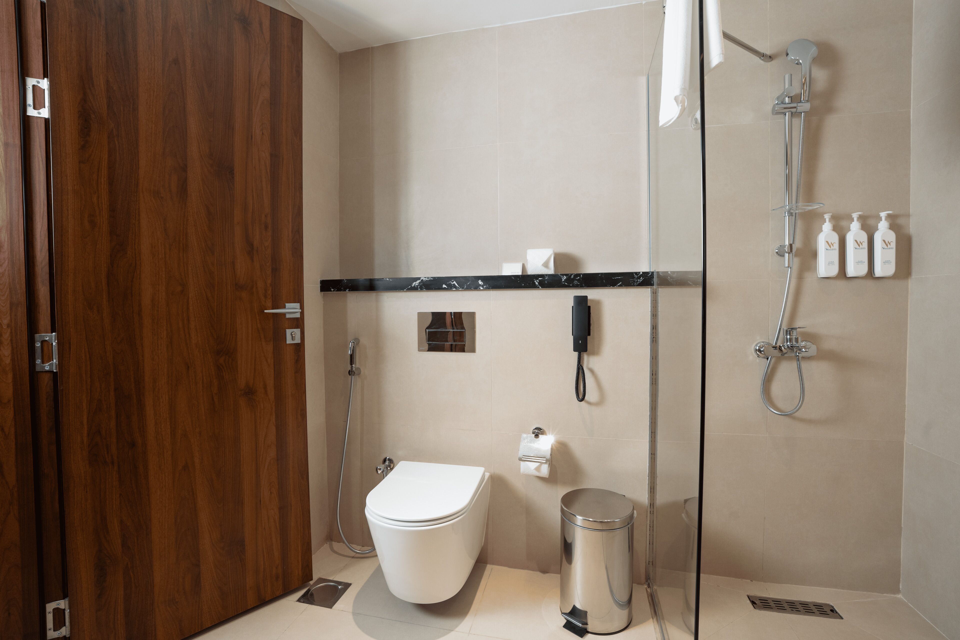 Shower, free toiletries, hair dryer, slippers