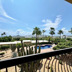 A pool area with cacti and palm trees, a clear sky, and distant mountains. - Casa Hayley - 1 bedroom in Cabo San Lucas with arch views, heated pool & AC (Cabo San Lucas)