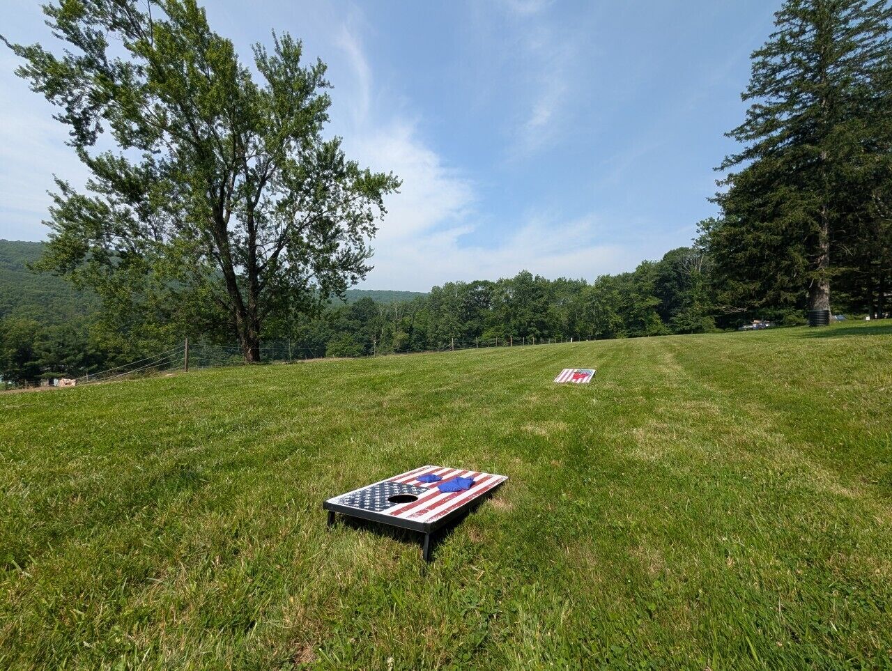 A grassy field with two American flag-themed games.