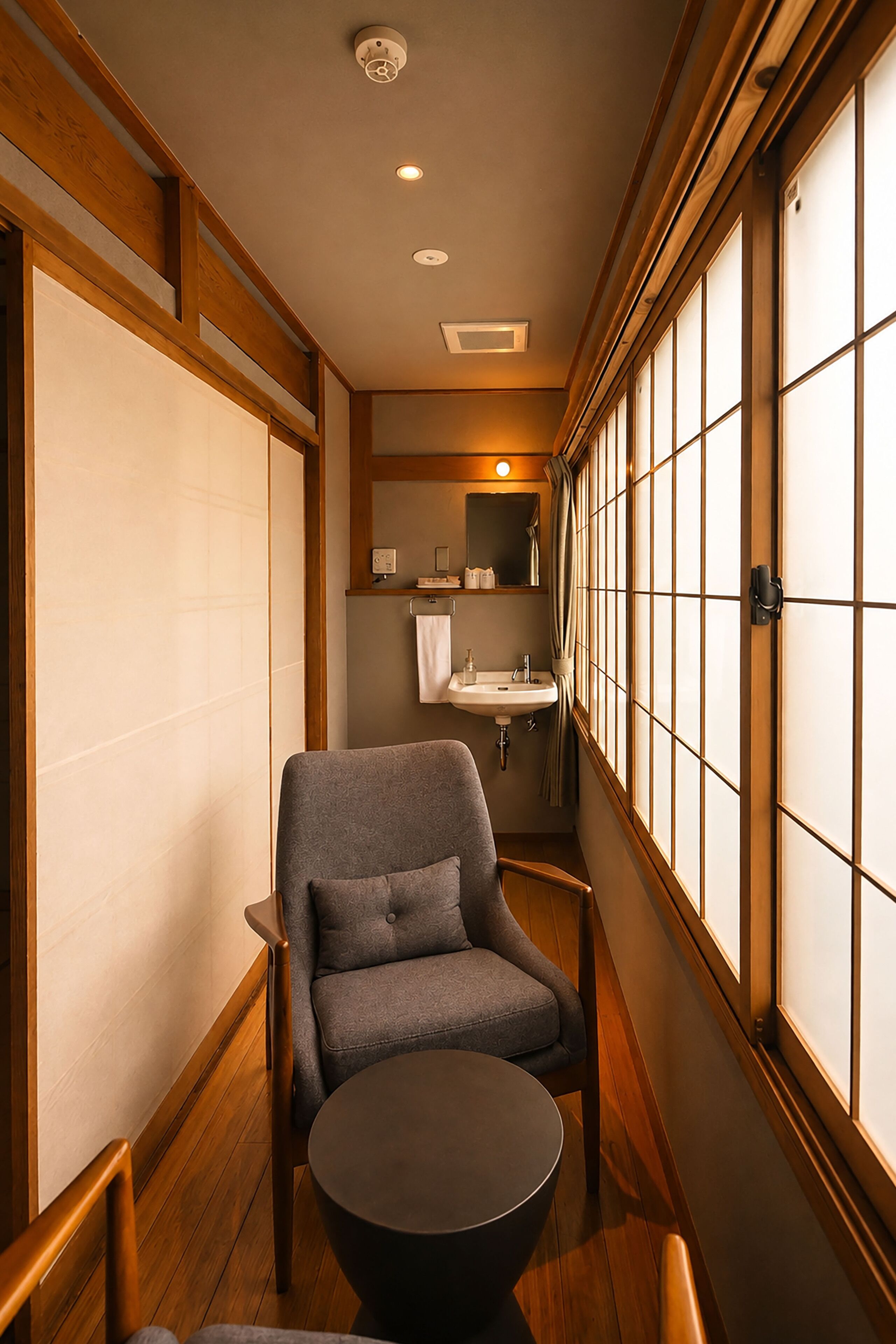 A narrow hallway with a wooden floor, a grey upholstered chair, a round table, and a large window with a grid pattern.