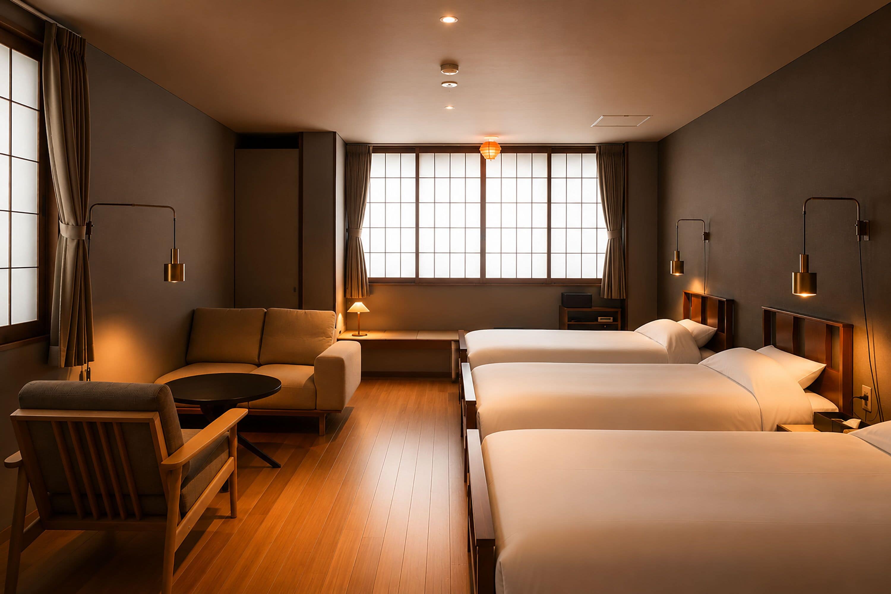 A hotel room with a sofa, two beds, a small table, and a window with curtains.