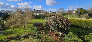 Ein gepflegter Garten mit verschiedenen Pflanzen und einem großen blühenden Strauch.
