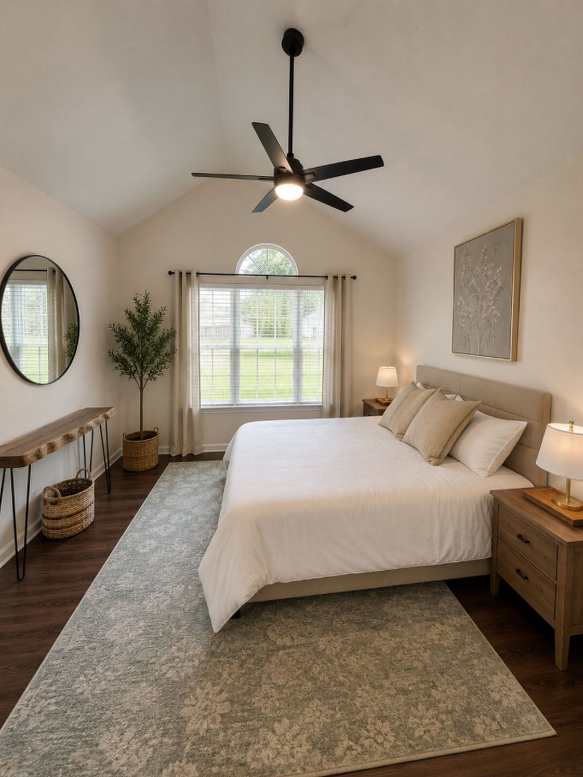 Un dormitorio con cama, mesitas de noche, ventilador de techo, ventana con cortinas, espejo, planta en maceta y alfombra.