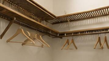 A corner of a room with a wooden floor, a hanging plant, and a clothes rack.