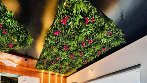 Zona de recepción con mostrador, un sofá azul, un tapete rojo estampado e instalación vegetal en la pared.