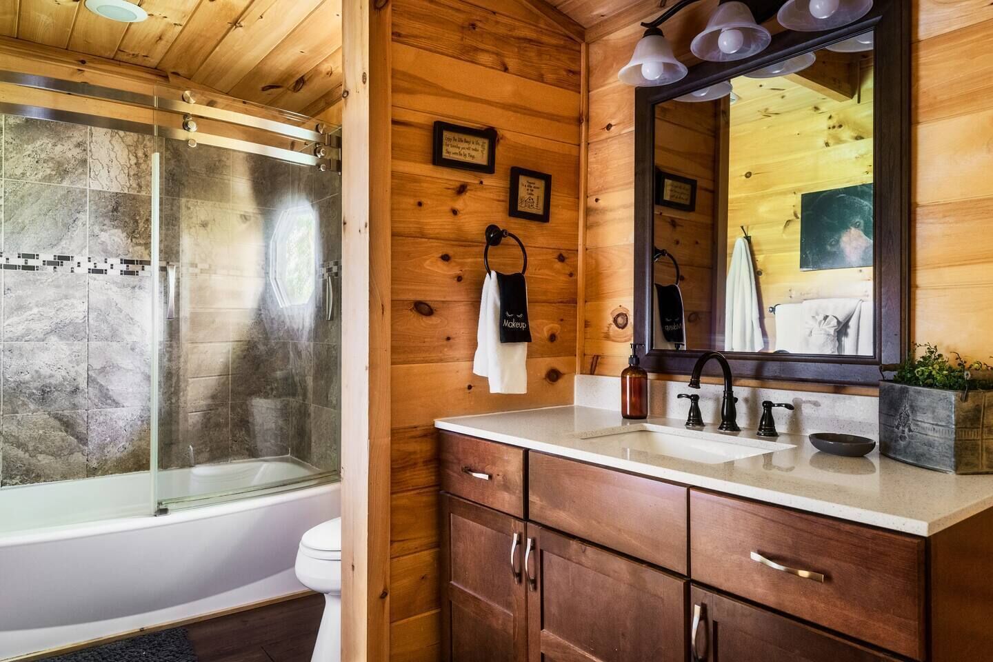 A wooden cabin bathroom with a glass-enclosed shower, a vanity with a mirror, and a toilet.