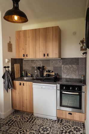 A compact kitchen with wooden cabinets, a dishwasher, an oven, and a countertop with various kitchen items. - Les Brimbelles 4* with an enclosed garden / spa access (Aubure)