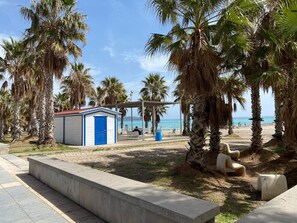 Eine Küstenlandschaft mit einem kleinen Gebäude, Palmen und freiem Blick auf das Meer.