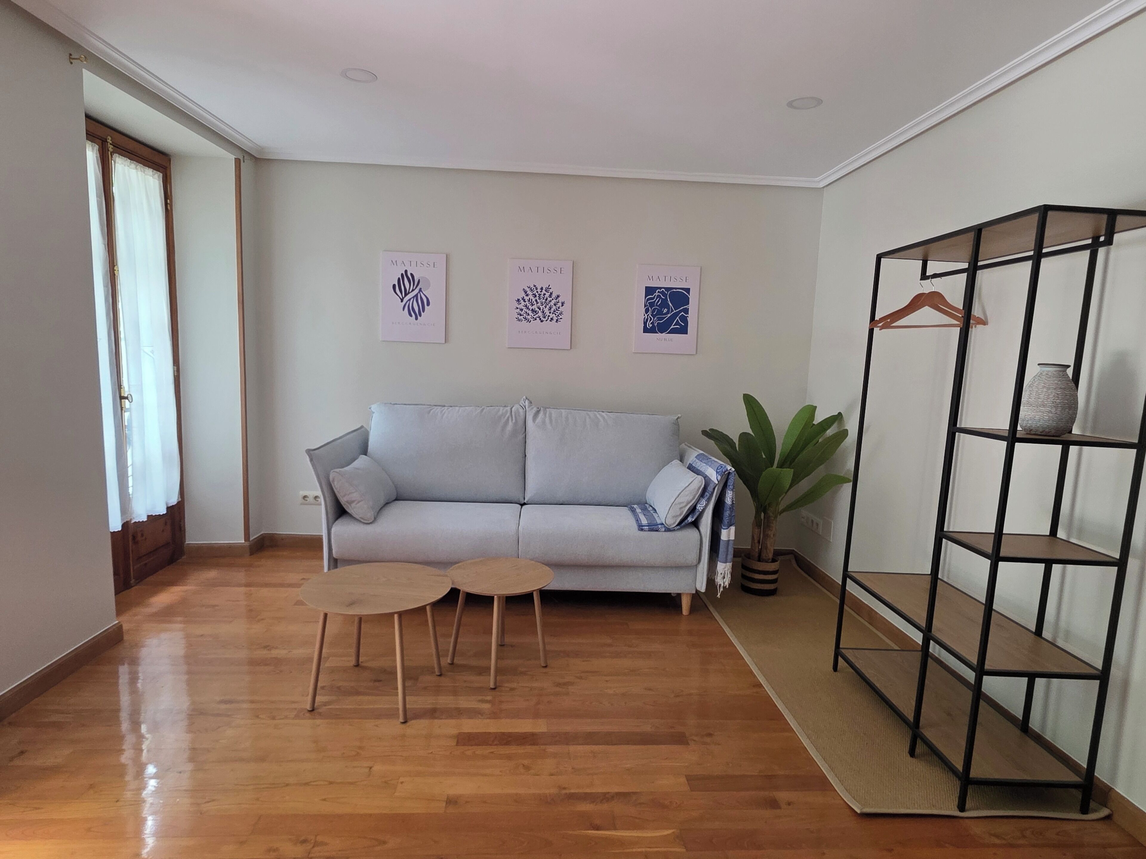 A living room with a grey sofa, two small round tables, a potted plant, and a black metal shelving unit.