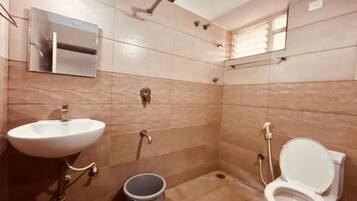 Shower, towels, toilet paper