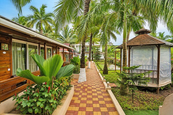 A pathway leading to a wooden building with a checkered floor, surrounded by lush greenery and palm trees.