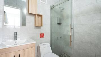 A modern bathroom with a glass shower enclosure, a toilet, and a sink with a mirror above.