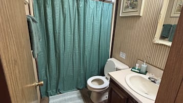 Hair dryer, towels, soap, toilet paper