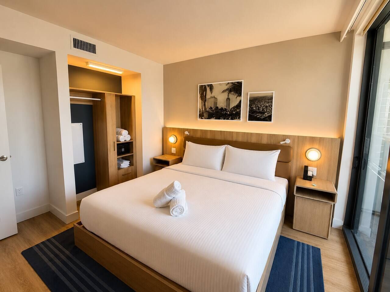 A hotel room with a bed, a wardrobe, a nightstand, and a window.