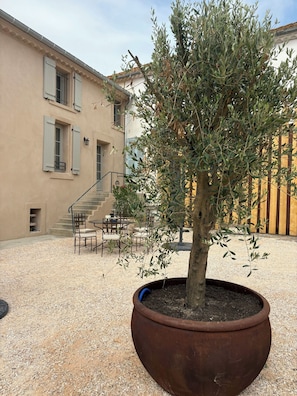 A courtyard with a potted tree, outdoor seating, and a building with windows and shutters. - Garrigue house at the heart of a vineyard estate (Bages)