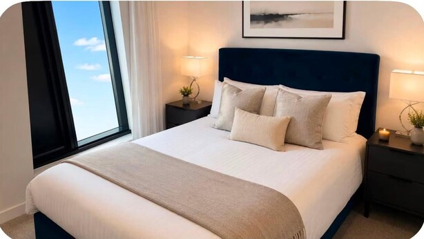 A hotel room with a large bed, a nightstand with a lamp, a window with curtains, and a framed picture on the wall. - Salford Serenity - Modern 2 Bedroom Apartment (Salford)