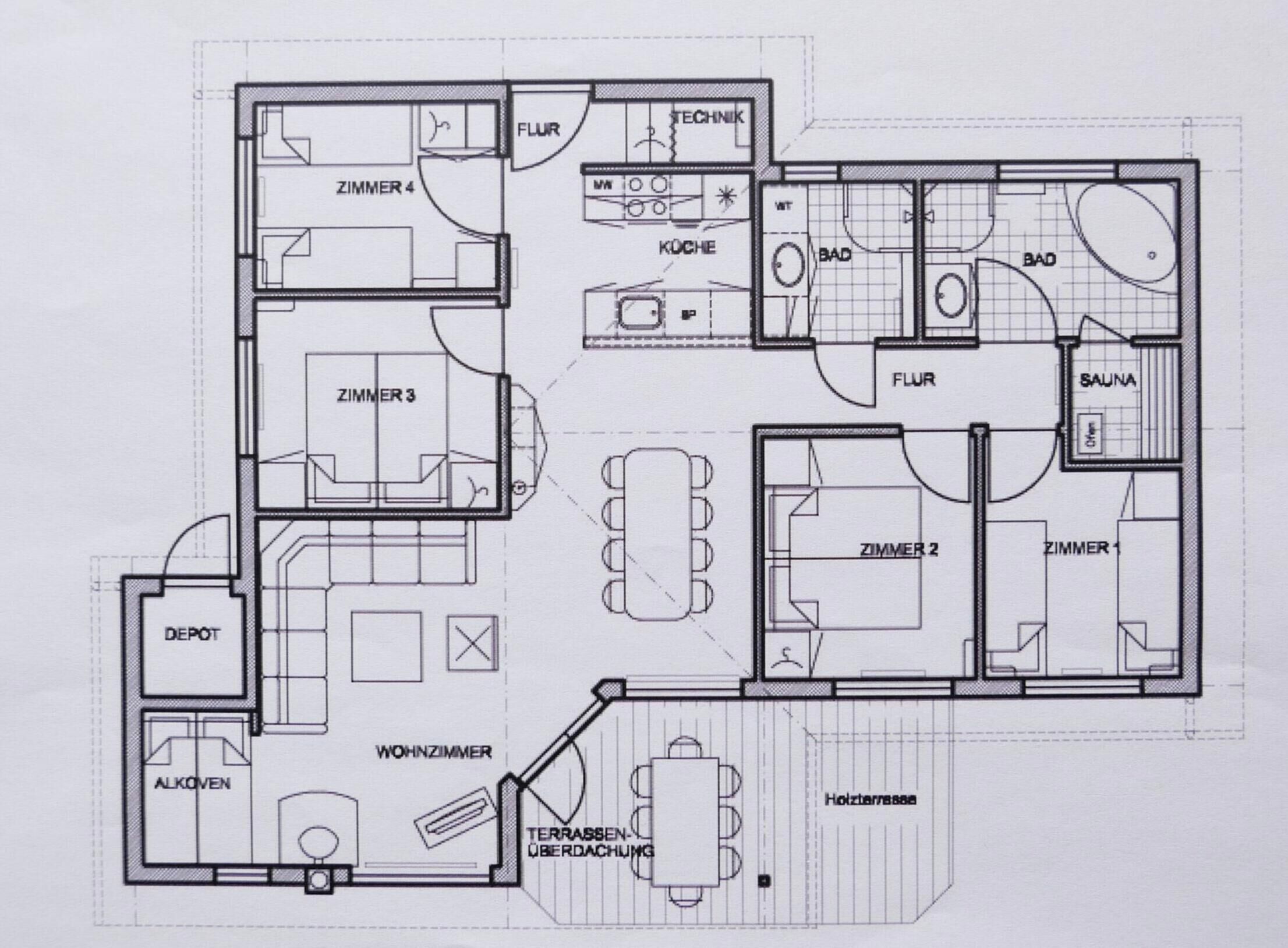 A floor plan with four bedrooms, a living room, a kitchen, a bathroom, and a sauna.