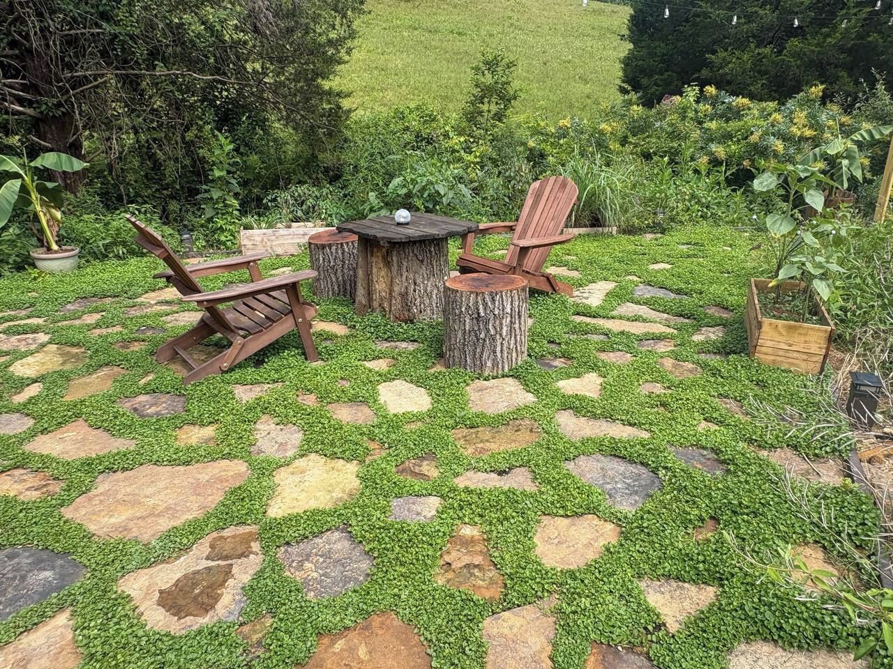 Un espace extérieur aménagé avec une table et des chaises, entouré d’un sol en pierre et en gazon formant un motif décoratif.