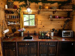 A rustic kitchen with wooden cabinets, a sink, a stove, and a toaster.