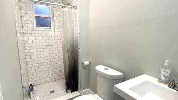 Shower, hair dryer, shampoo