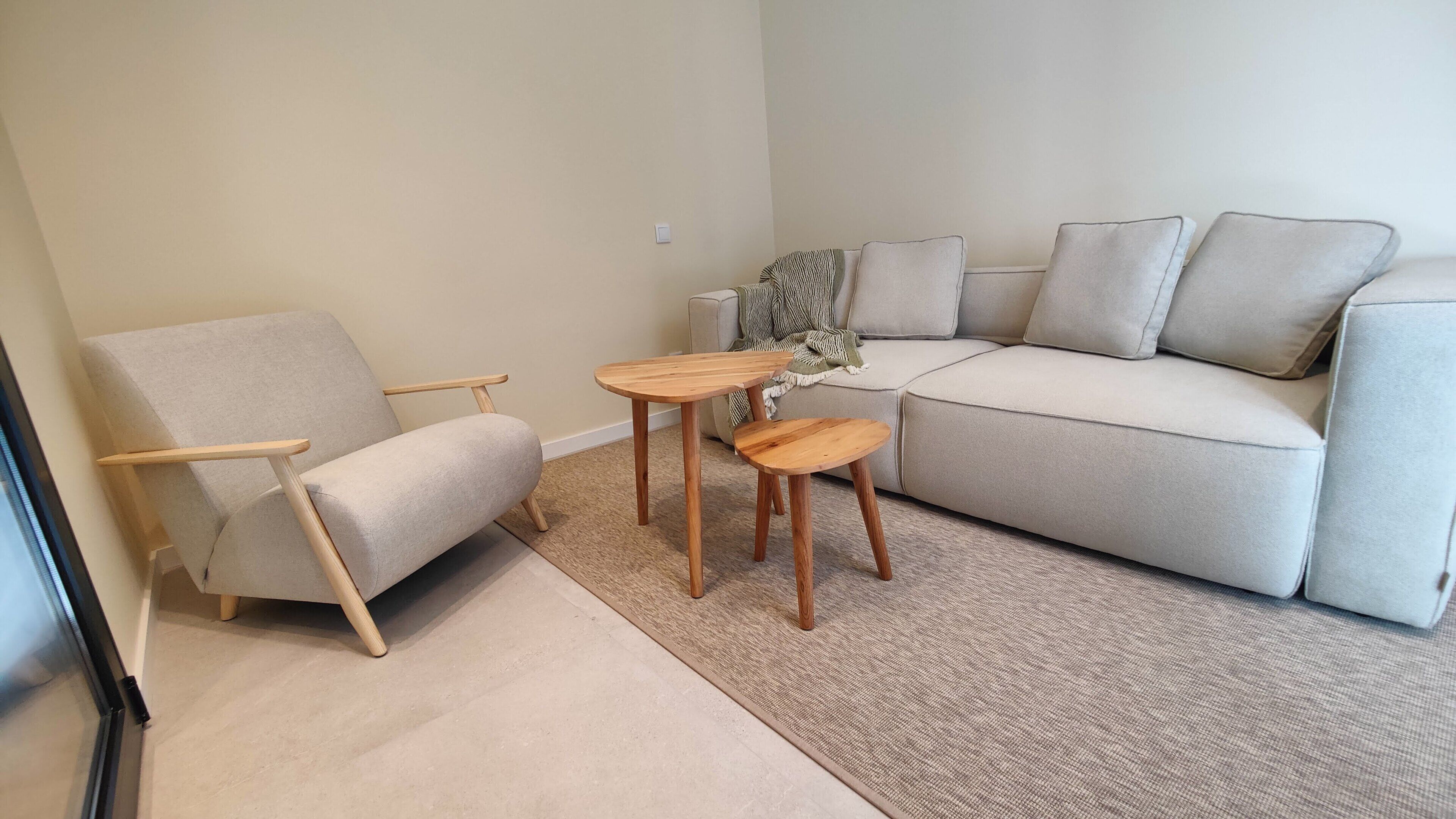 A living room with a sofa, a chair, two wooden tables, and a patterned rug.