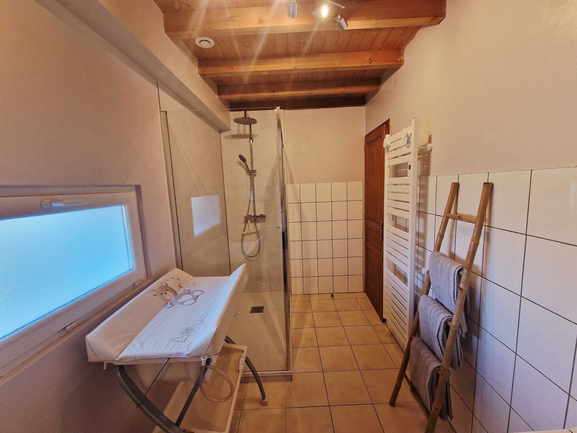 Une petite salle de bain avec une douche, une fenêtre et un étendoir.