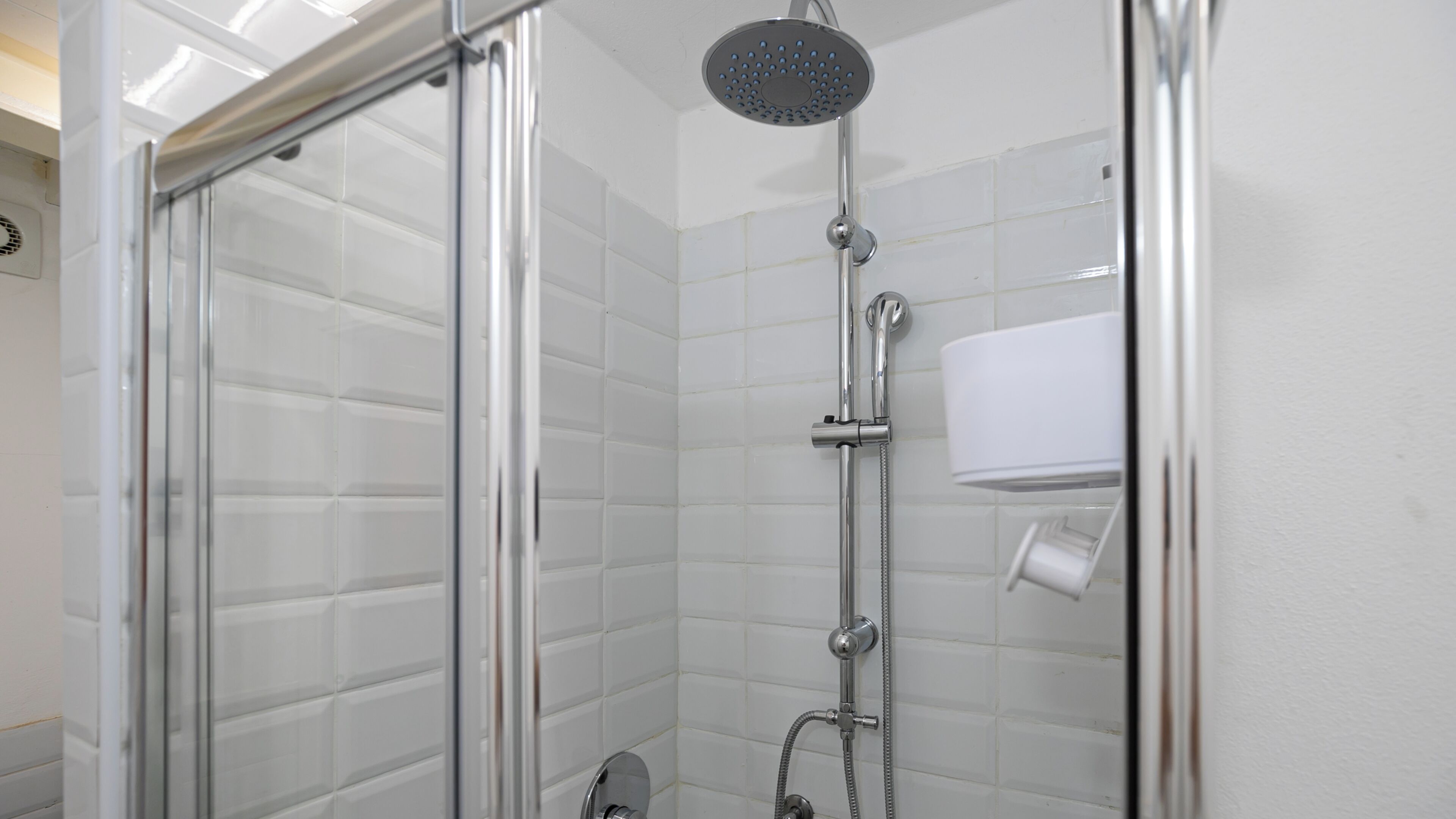 Une douche avec une porte en verre, un pommeau de douche à main et un porte-rouleau de papier toilette fixé au mur.