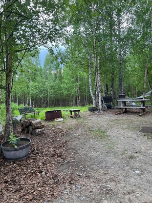 A campsite with a picnic table, benches, and a hammock. - Retreat to this quiet 1 bedroom cabin in the woods near a lake. (Wasilla)