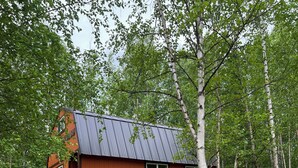 A rustic cabin with a metal roof, wooden deck, and a dirt path leading to it. - Retreat to this quiet 1 bedroom cabin in the woods near a lake. (Wasilla)