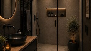 Een moderne badkamer met een houten wastafel, een ronde spiegel, een ruime wasbak, een douche met glazen wand en een potplant.