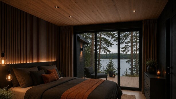 Een moderne slaapkamer met een groot bed, uitzicht op een meer en een houten plafond.