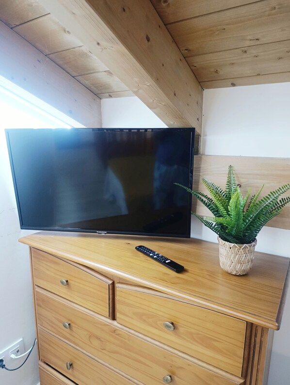 A television on a wooden dresser with a remote control and a potted plant beside it.