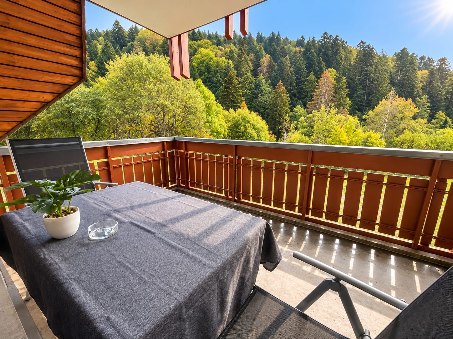 Un balcon avec une table et des chaises, un pot de fleurs et une vue sur une colline boisée.