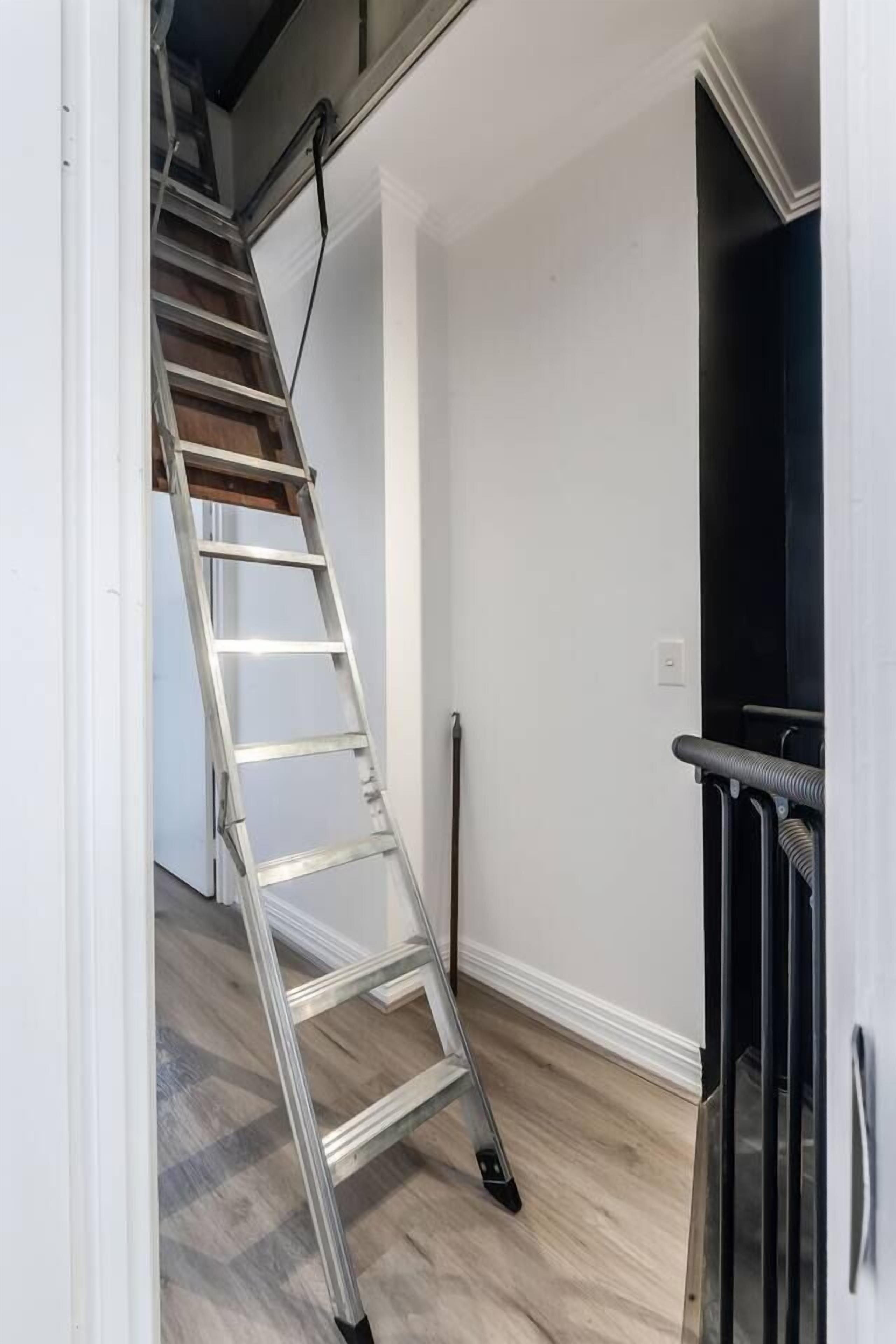 A metal ladder leaning against a wall in a room with a wooden floor and a black door.