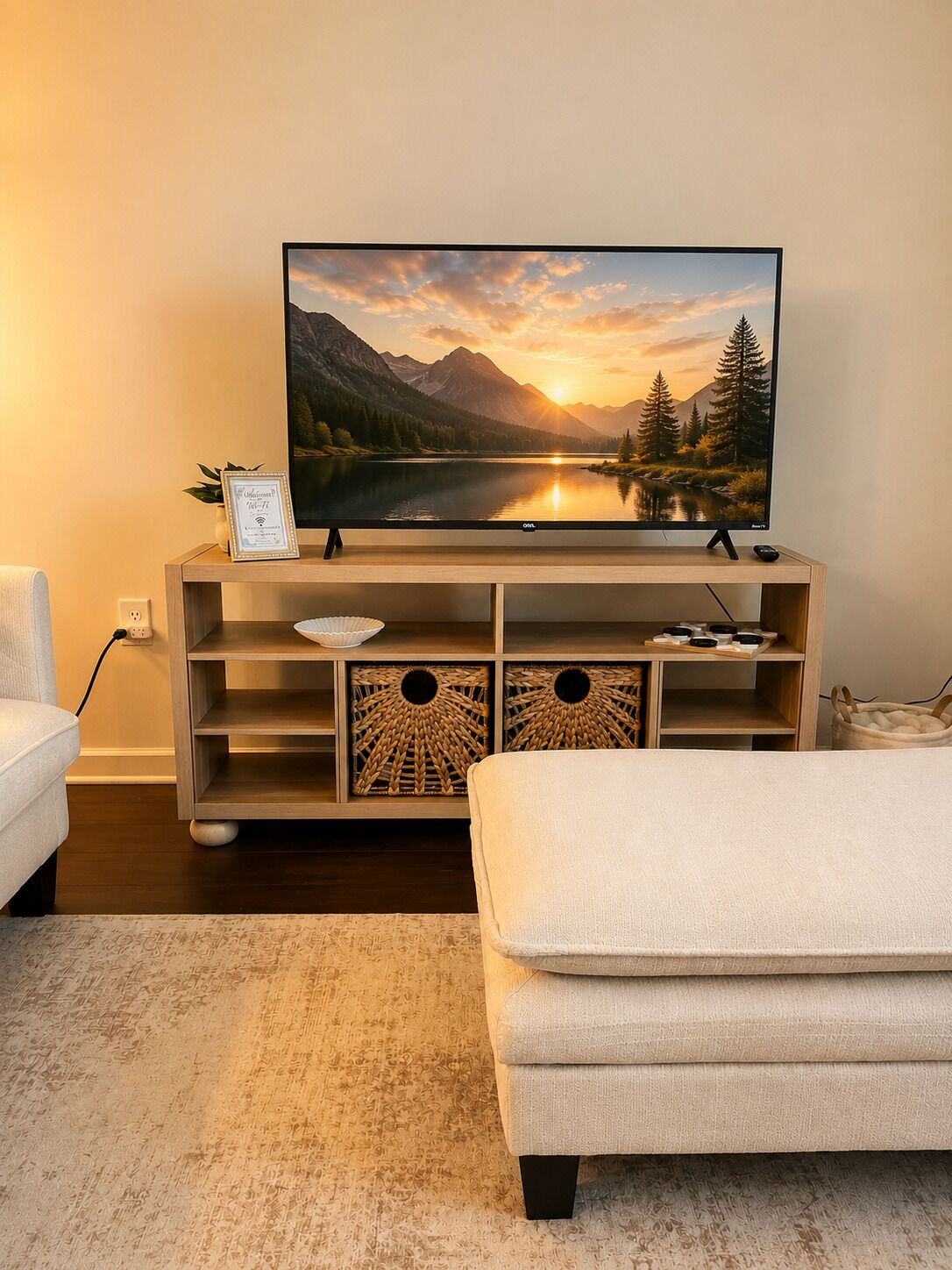 Ein Wohnzimmer mit einem Flachbildfernseher auf einem Holzständer, einem weißen Sofa und einem dekorativen gewebten Korb.